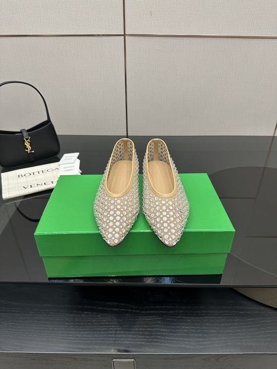Bottega Veneta Rhinestone Mesh Round Toe Flat Comfortable Office Shoes