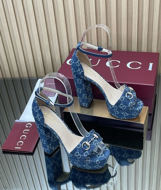 Gucci Denim Upper Block Heel Platform Sandals With Metal Detail
