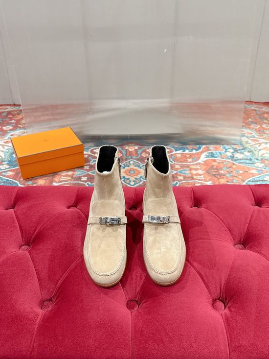 Hermes Retro Flat Ankle Boots With Metal Buckle Detail