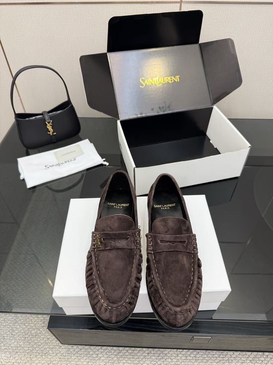 Yves Saint Laurent Classic Small Logo Loafer Shoes Almond Toe Leather Footwear