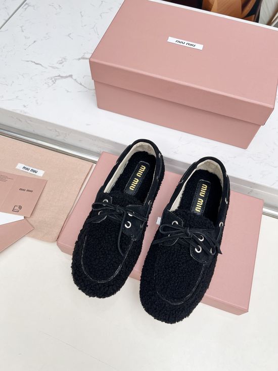 Miu Miu Fuzzy Loafer Shoes Soft Rubber Sole Bow Decor Easy Slip On