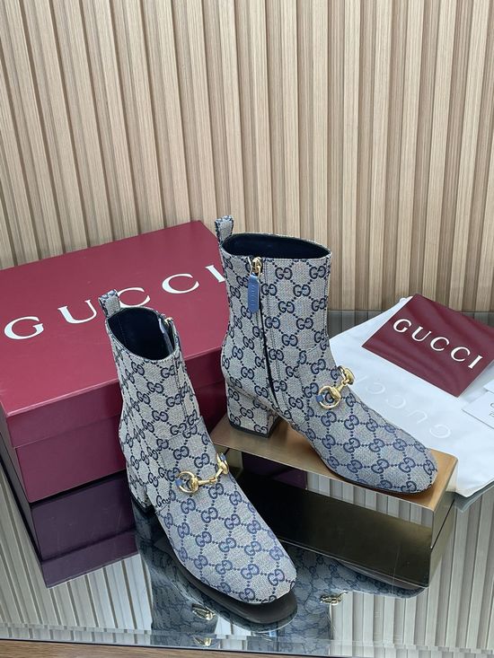 Gucci Horsebit Printed Ankle Boots Square Toe Block Heel Boots