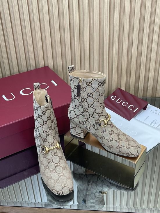 Gucci Horsebit Printed Ankle Boots Square Toe Block Heel Boots