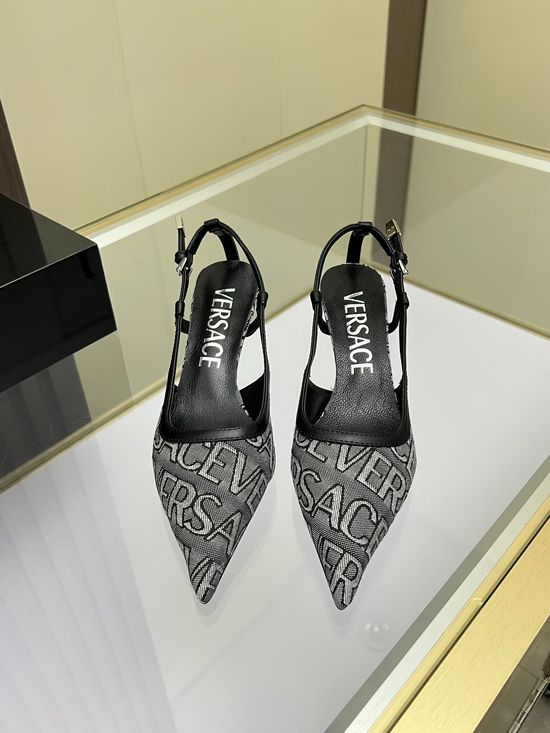 Versace Stylish Jacquard Canvas Low Heel Covered Toe Shoes