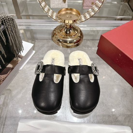 Roger Viver Rhinestone Buckle Wool Lined Mule Slippers Non-slip Platform Shoes