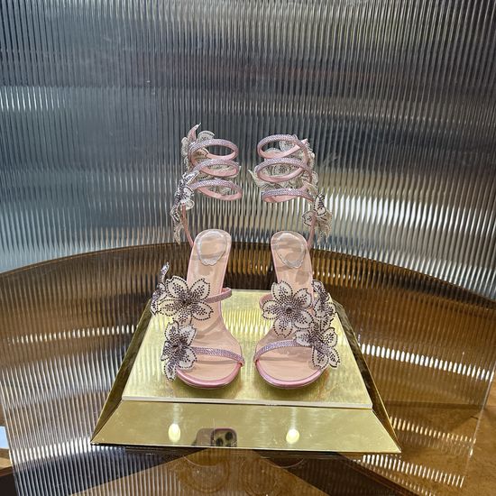 Rene Caovilla Elegant Snake-Chain Diamond Flower High Heels