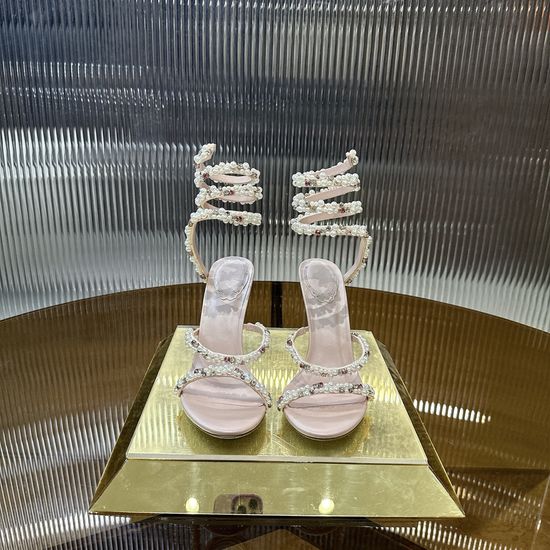 Rene Caovilla Pearl Rhinestone Ankle Wrap High Heel Sandals