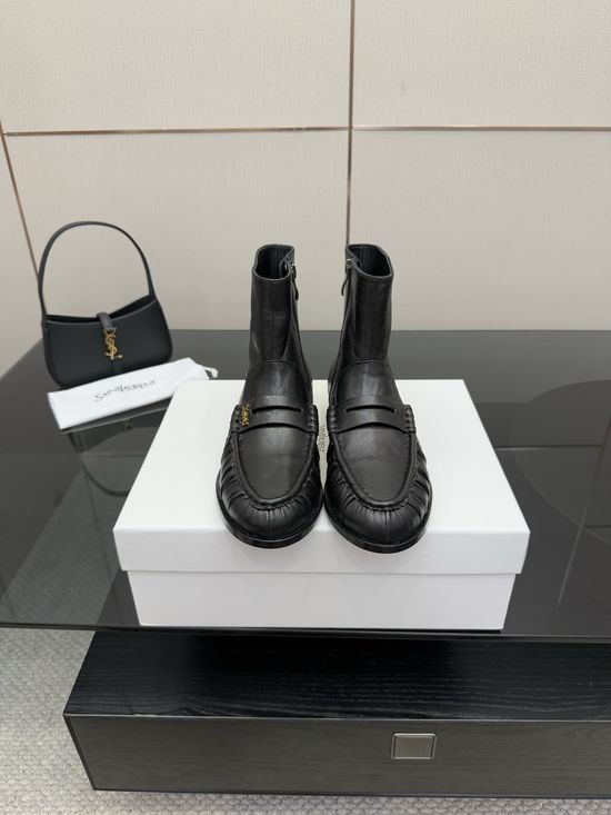Yves Saint Laurent Small Logo Leather Loafers Almond Toe Formal Casual Shoes
