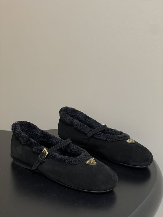 Prada Suede Warm Fleece Lined Mary Jane Flats
