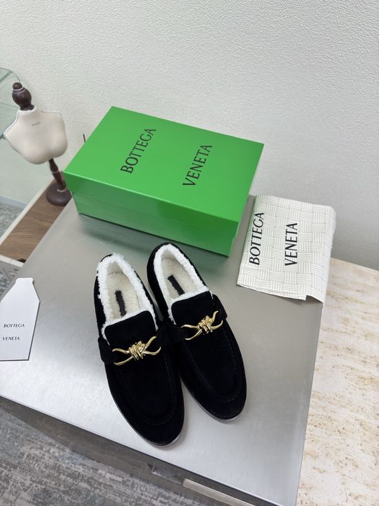 Bottega Veneta Black Lamb Wool Loafers with Metal Buckle Accents