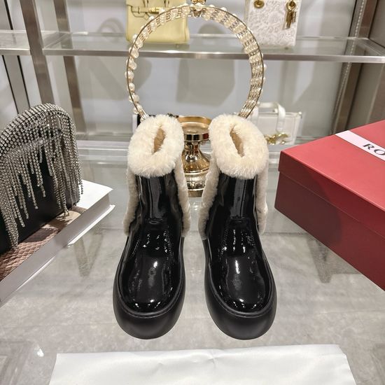 Roger Viver Patent Leather Wool Snow Boots With Decorative Rhinestone Buckle