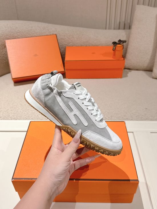 Hermes Luxury Suede Leather Casual Sneakers Contrast Details Soft Lining