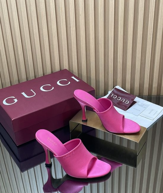 Gucci Elegant Satin High Heel Slide Sandals With Embroidery Details