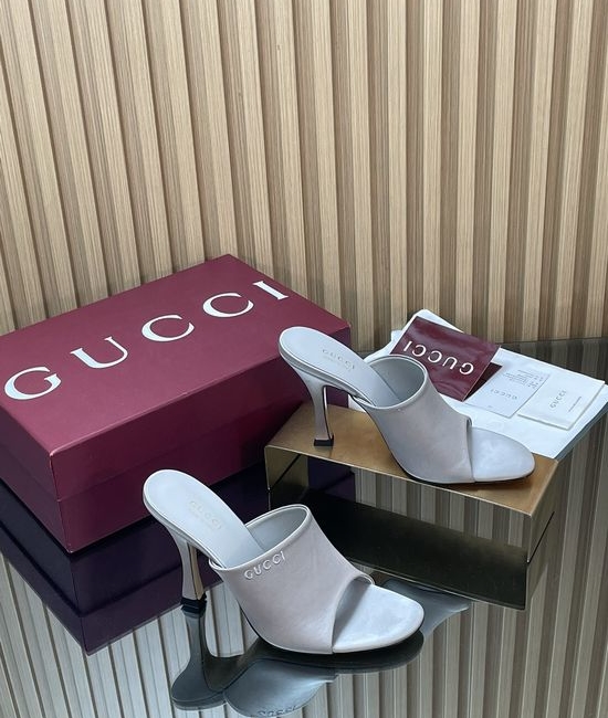 Gucci Elegant Satin High Heel Slide Sandals With Embroidery Details