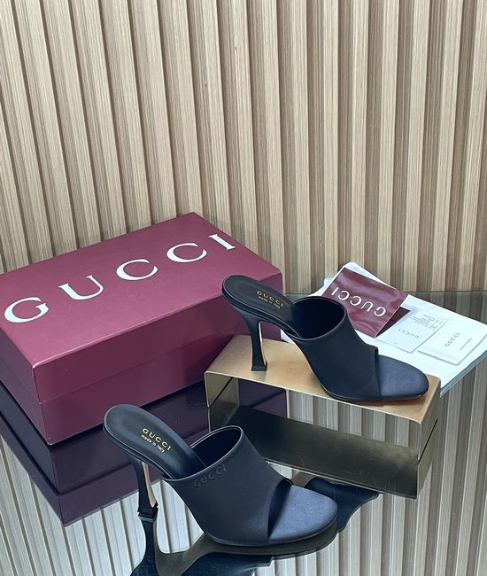 Gucci Elegant Satin High Heel Slide Sandals With Embroidery Details
