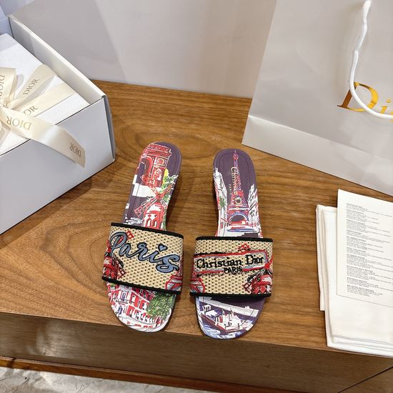 Christian Dior Silk Fabric Slip-on Sandals with CD Embroidery
