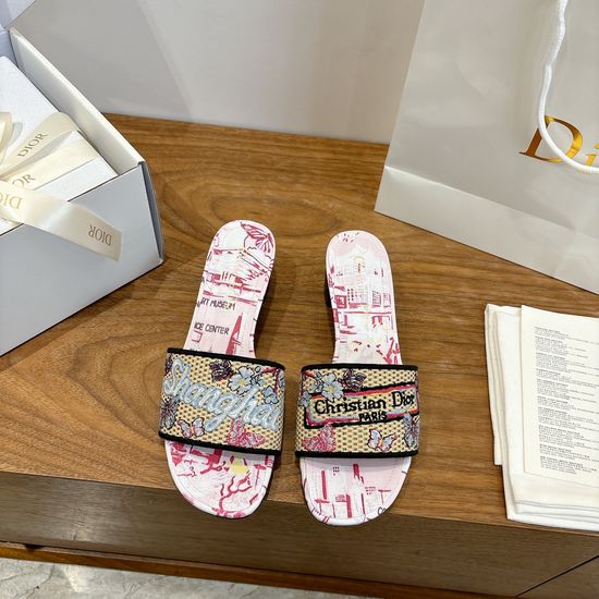 Christian Dior Silk Fabric Slip-on Sandals with CD Embroidery
