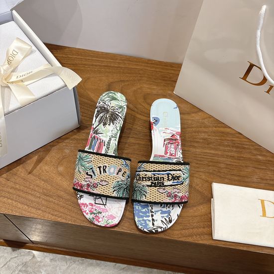 Christian Dior Silk Fabric Slip-on Sandals with CD Embroidery