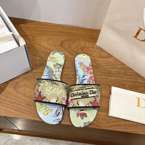 Christian Dior Silk Fabric Slip-on Sandals with CD Embroidery
