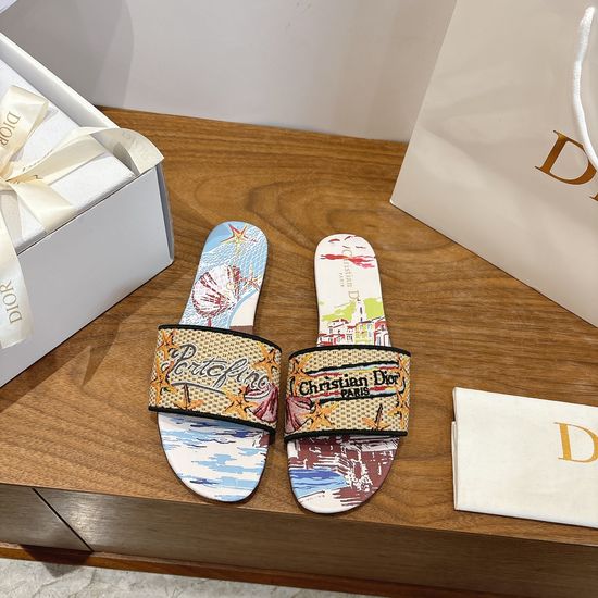 Christian Dior Silk Fabric Slip-on Sandals with CD Embroidery