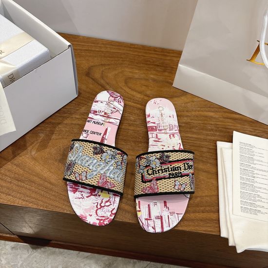 Christian Dior Silk Fabric Slip-on Sandals with CD Embroidery