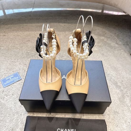Chanel Elegant Pointed Toe Pearl Embellished Hollow Flats