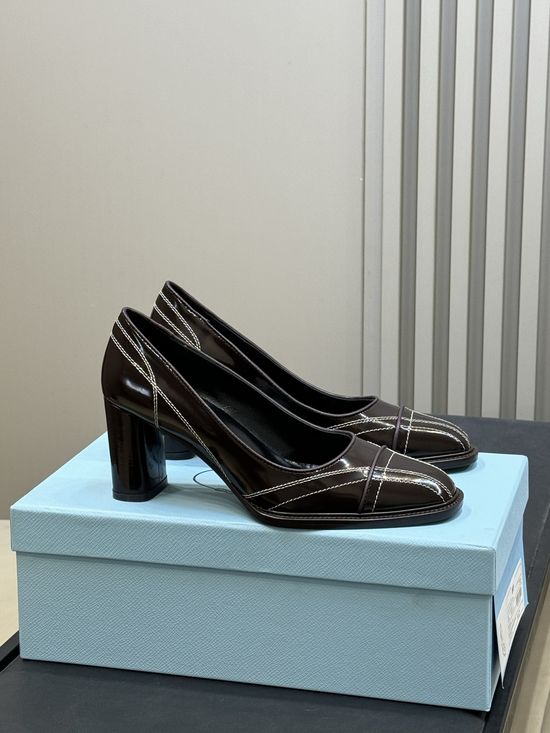 Prada Square Toe Chunky Heel Elegant Leather Pumps