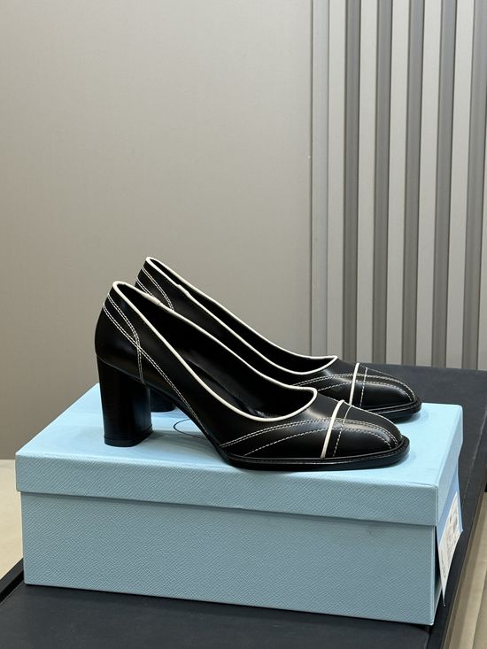 Prada Square Toe Chunky Heel Elegant Leather Pumps