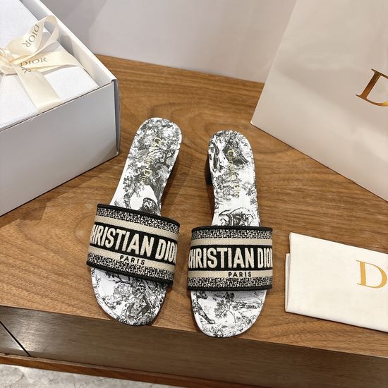 Christian Dior Silk Fabric Slip-on Sandals with CD Embroidery
