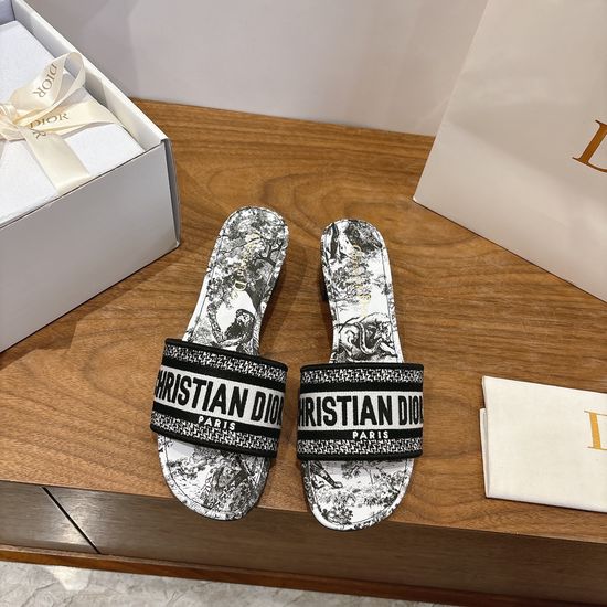 Christian Dior Silk Fabric Slip-on Sandals with CD Embroidery