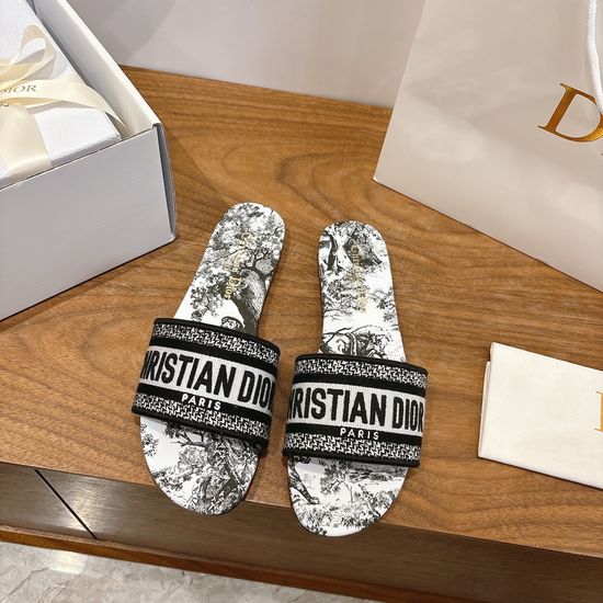 Christian Dior Silk Fabric Slip-on Sandals with CD Embroidery