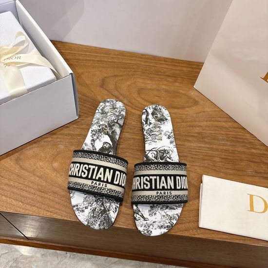 Christian Dior Silk Fabric Slip-on Sandals with CD Embroidery