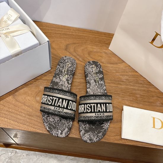 Christian Dior Silk Fabric Slip-on Sandals with CD Embroidery