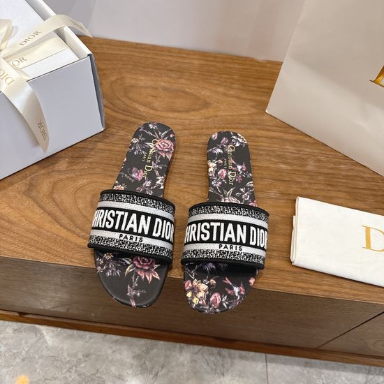 Christian Dior Silk Fabric Slip-on Sandals with CD Embroidery