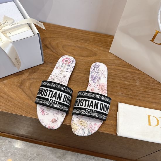 Christian Dior Silk Fabric Slip-on Sandals with CD Embroidery