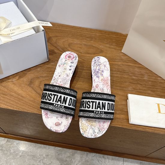 Christian Dior Silk Fabric Slip-on Sandals with CD Embroidery
