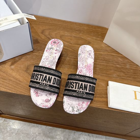 Christian Dior Silk Fabric Slip-on Sandals with CD Embroidery