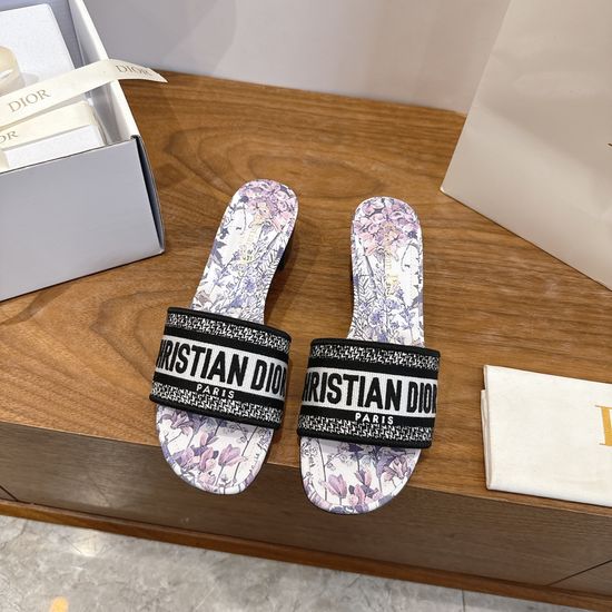 Christian Dior Silk Fabric Slip-on Sandals with CD Embroidery
