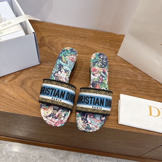Christian Dior Silk Fabric Slip-on Sandals with CD Embroidery