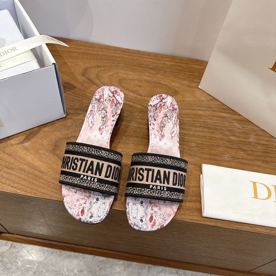 Christian Dior Silk Fabric Slip-on Sandals with CD Embroidery