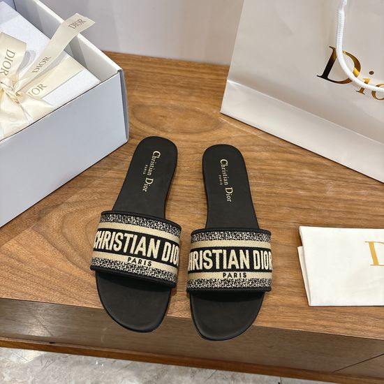 Christian Dior Silk Fabric Slip-on Sandals with CD Embroidery