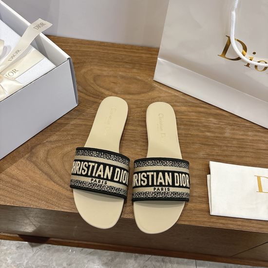 Christian Dior Silk Fabric Slip-on Sandals with CD Embroidery