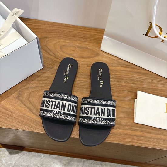 Christian Dior Silk Fabric Slip-on Sandals with CD Embroidery