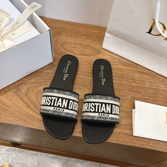 Christian Dior Silk Fabric Slip-on Sandals with CD Embroidery
