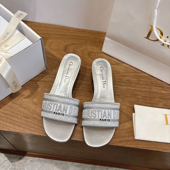 Christian Dior Silk Fabric Slip-on Sandals with CD Embroidery