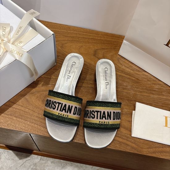 Christian Dior Silk Fabric Slip-on Sandals with CD Embroidery