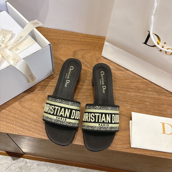 Christian Dior Silk Fabric Slip-on Sandals with CD Embroidery