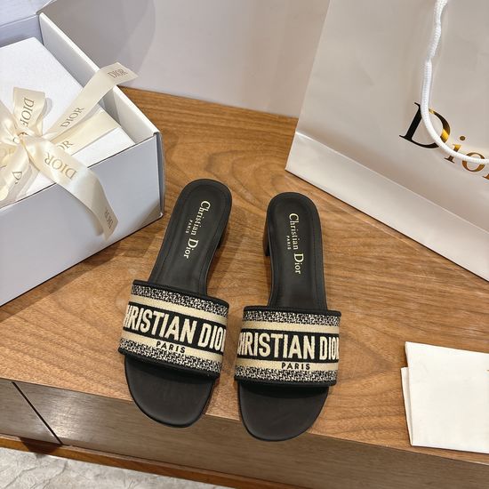 Christian Dior Silk Fabric Slip-on Sandals with CD Embroidery