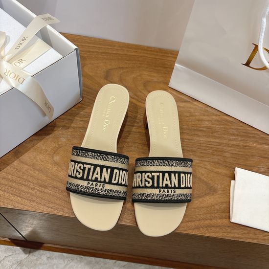 Christian Dior Silk Fabric Slip-on Sandals with CD Embroidery