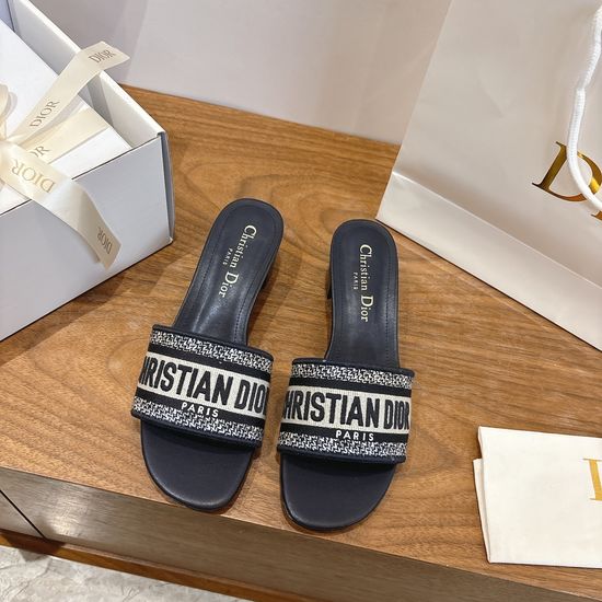 Christian Dior Silk Fabric Slip-on Sandals with CD Embroidery